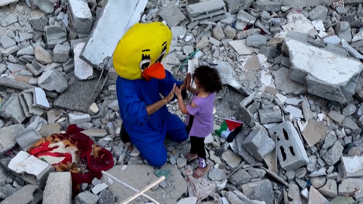 Clowns entertain Palestinian children following conflict with Israel