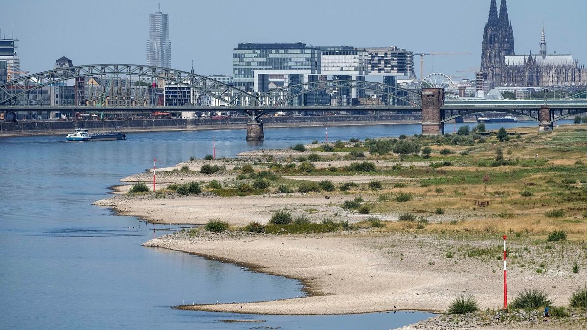he river Rhine is pictured with low water in Cologne, Germany, Wednesday, Aug. 10, 2022.