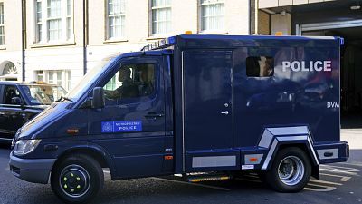 A prison van believed to be carrying Aine Davis arrives at Westminster Magistrates' Court.