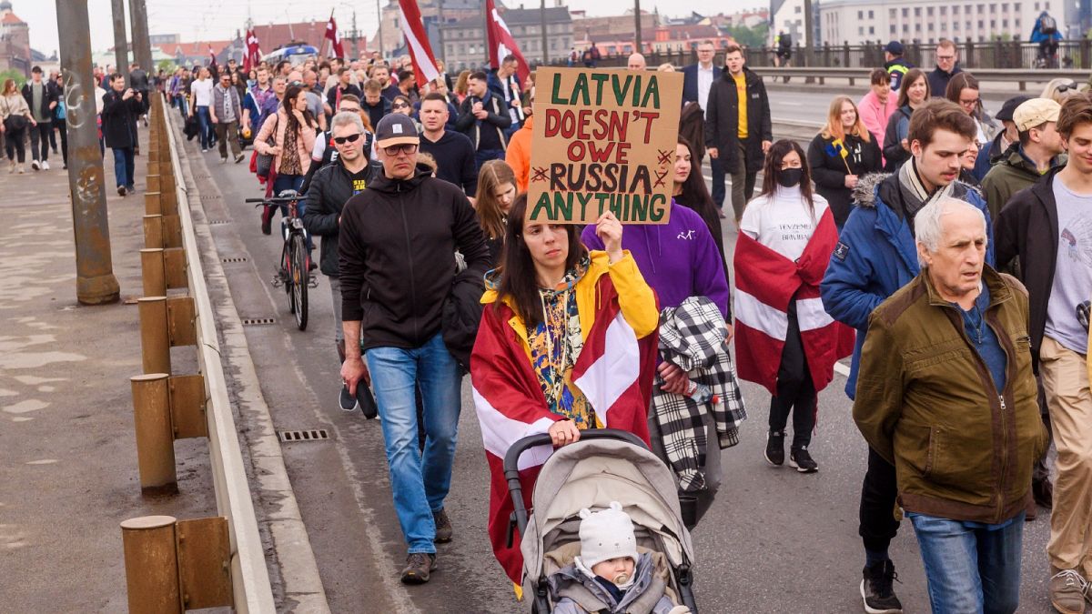 Protesters at a "Getting Rid of Soviet Heritage" rally in Riga in May.