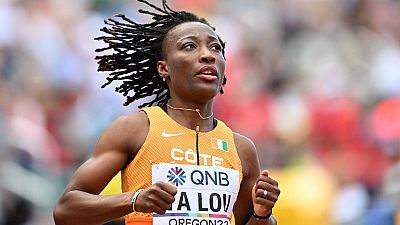 Ivorian Sprint Queen Marie Josée Ta Lou celebrates after African record