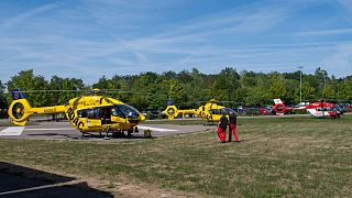 Rescue helicopters are seen in a field near the 'Legoland' amusement park in Guenzburg.