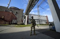 A Russian serviceman guards in an area of the Zaporizhzhia Nuclear Power Station on 1 May 2022