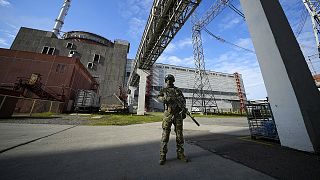 A Russian serviceman guards in an area of the Zaporizhzhia Nuclear Power Station on 1 May 2022