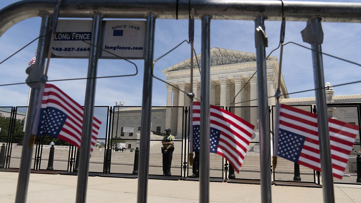 Abortion-rights activists leave hangers on the fence as they protest outside the Supreme Court in Washington D.C.