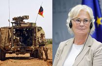A g. : Soldats allemands déployés au Mali, le 02/08/2018 // A dr. : la ministre allemande de la Défense, le 05/05/2022