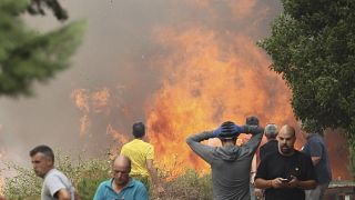 Neighbours stand near a forest fire in Anon de Moncayo, Spain on Aug. 13, 2022. 