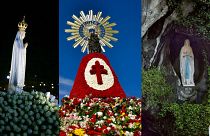 De g. à dr. : statue de la Vierge Marie à Fatima (Portugal), à Saragosse (Espagne), à Lourdes (France)