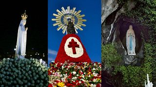 De g. à dr. : statue de la Vierge Marie à Fatima (Portugal), à Saragosse (Espagne), à Lourdes (France)