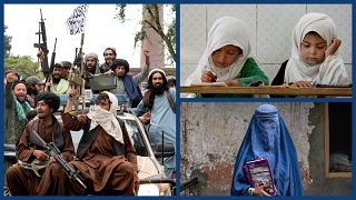 Tálibok ünneplik a tálib hatalomátvétel egyéves évfordulóját (bal oldalon). Az egy évnyi uralom mérlege negatív: a nők jogai csorbultak, az ország elszegényedett.