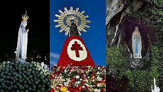 v.l.n.r.: Statue der Jungfrau Maria in Fatima (Portugal), Saragossa (Spanien), Lourdes (Frankreich).