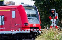 A commuter train passes a level crossing. Regional trains are included as part of Germany's €9 pass, which has boosted rail travel