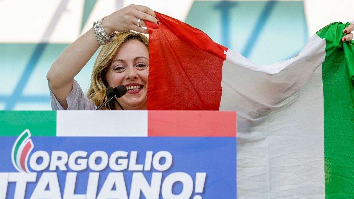 FILE — Giorgia Meloni holds an Italian flag as she addresses a rally in Rome, Saturday, Oct. 19, 2019. 