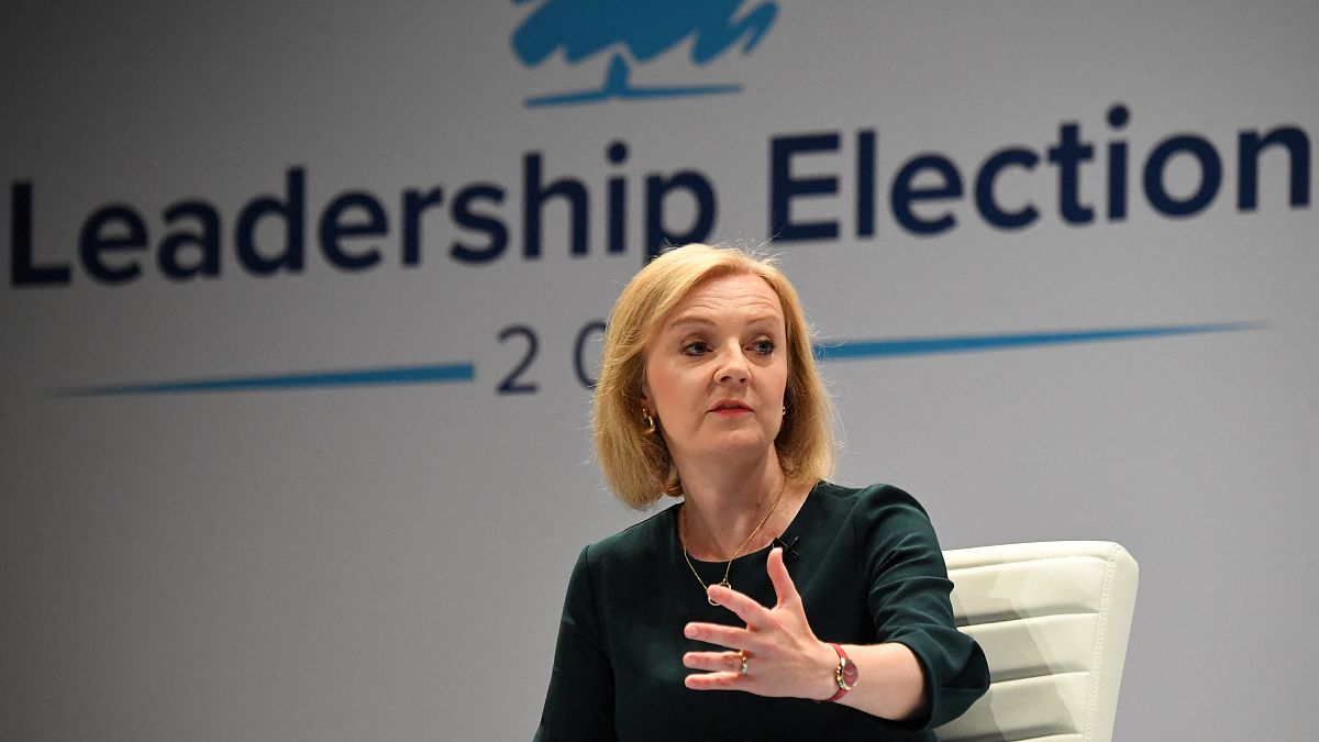 British Foreign Secretary Liz Truss reacts as she answers questions while taking part in a Conservative Party Hustings event in Perth, on August 16, 2022.