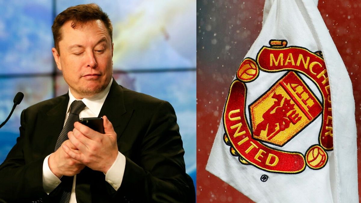 A g. : Elon Musk le 18/01/2020 - A dr. : Logo du club anglais de Manchester United le 12/12/2020