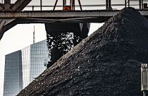 An excavator unloads coal from a barge onto a stockpile next to a power plant, while the ECB building can be seen in the background in Frankfurt, Germany, Jan. 3, 2022.