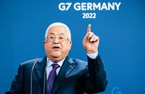 Palestinian President Mahmoud Abbas spoke during a news conference with German Chancellor Olaf Scholz at the Chancellery in Berlin on Tuesday.