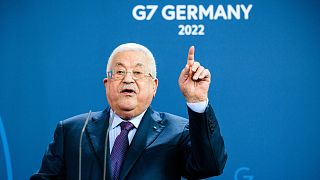 Palestinian President Mahmoud Abbas spoke during a news conference with German Chancellor Olaf Scholz at the Chancellery in Berlin on Tuesday.