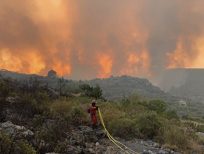 Un membre de l'unité militaire d'urgence Ume lutte contre un feu de forêt à Useres, dans l'est de l'Espagne, le lundi 15 août 2022.