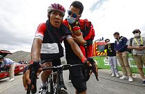 El colombiano Nairo Quintana tras cruzar la línea de meta de la undécima etapa del Tour de Francia el miércoles 13 de julio de 2022.