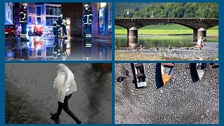 De ht en b, de g. à dr. : Inondations à Hambourg (Allemagne), le lac Eder (Allemagne), passante sous la pluie londonienne, bateaux sur le lac Velencei (Hongrie), 17/08/2022