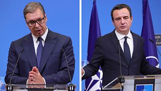 Composite image of Serbian and Kosovar leaders at separate NATO press conferences, 17 August 2022