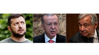 Der ukrainische Präsident Wolodymyr Selenskyj, UN-Generalsekretär António Guterres und der türkische Präsident Recep Tayyip Erdogan