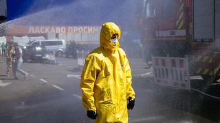 A Ukrainian Emergency Ministry rescuer attends an exercise in the city of Zaporizhzhia on August 17, 2022, in case of a possible nuclear incident at the nearby nuclear plant.