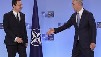 NATO Secretary General Jens Stoltenberg, shake hands with Kosovo's Prime Minister Albin Kurti