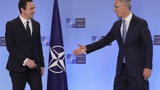 NATO Secretary General Jens Stoltenberg, shake hands with Kosovo's Prime Minister Albin Kurti 