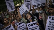 Activists protest in New Delhi, India against the release convicts of a gang rape, Thursday, 18 August, 2022.