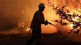 A firefighters works to stop a wildfire in Gouveia, in the Serra da Estrela mountain range, in Portugal on Thursday, Aug. 18, 2022.