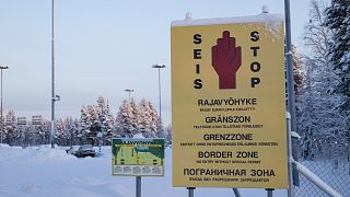 Border zone signs are seen at the Finnish-Russian border in Salla, northern Finland, January 20, 2016.
