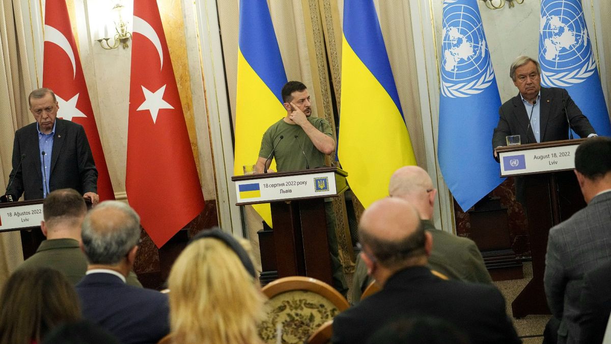 الرئيس الأوكراني فولوديمير زيلينسكي في مؤتمر صحفي مع الرئيس التركي رجب طيب أردوغان والأمين العام للأمم المتحدة أنطونيو غوتيريش، 18 أغسطس 2022.