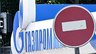 The logo of Russia's energy giant Gazprom is pictured at one of its petrol stations in Moscow on July 11, 2022.