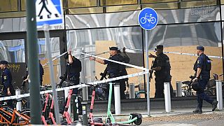 Policemen arrive at the scene of shooting at Emporia shopping centre in Malmo, Sweden, Friday, 19 Aug., 2022.