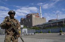 Soldado en frente de la central nuclear ucraniana de Zaporiyia