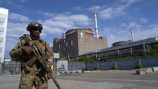 Soldado en frente de la central nuclear ucraniana de Zaporiyia