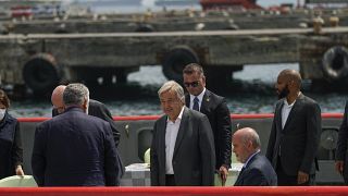 UN Secretary General Antonio Guterres, center, boards a port tender boat at Zeyport in Istanbul, Turkey, Saturday, August 20, 2022