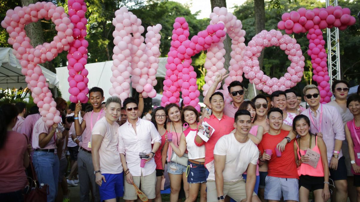 Singapur'da her yıl düzenlenen "Pembe Nokta" eşcinsel onur etkinliği için bir parkta toplanan kalabalık