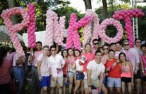 Singapur'da her yıl düzenlenen "Pembe Nokta" eşcinsel onur etkinliği için bir parkta toplanan kalabalık