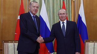 الرئيس التركي رجب طيب أردوغان والرئيس الروسي فلاديمير بوتين يتحدثان  في منتجع سوتشي على البحر الأسود بروسيا، الجمعة 5 أغسطس 2022