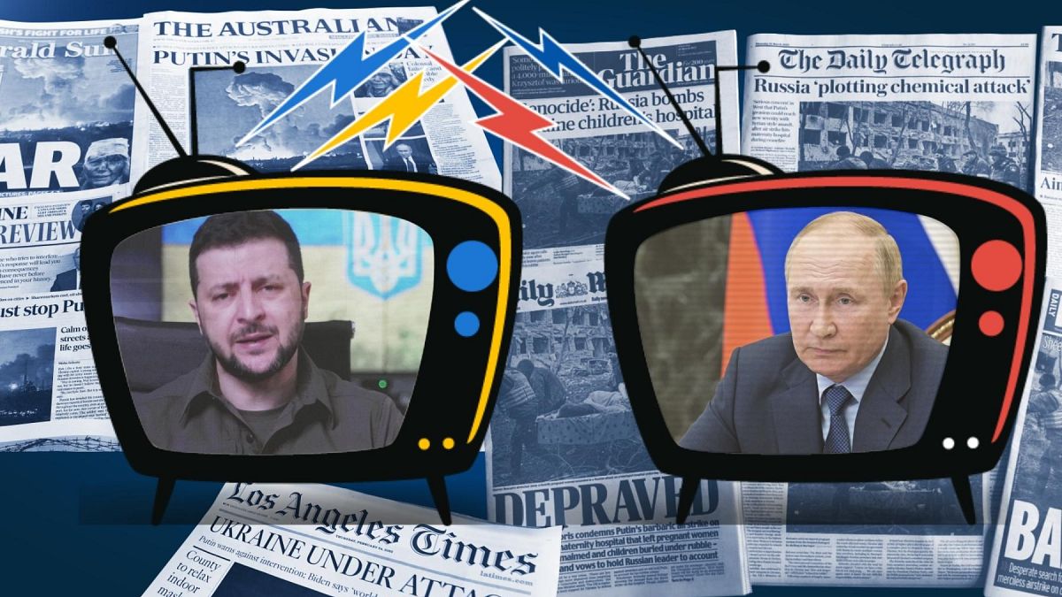 Composite image of Volodymyr Zelenskyy and Vladimir Putin, with newspaper headlins