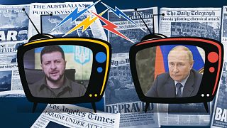 Composite image of Volodymyr Zelenskyy and Vladimir Putin, with newspaper headlins