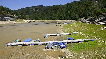 Boats left on a dry lake on the border of France and United Kingdom