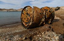 A rusted metal barrel, near the location at Lake Mead where a different barrel was found containing a human body