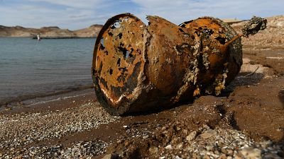 A rusted metal barrel, near the location at Lake Mead where a different barrel was found containing a human body