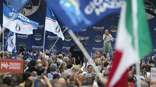 La leader du parti d'extrême droite Fratelli d'Italia Giorgia Meloni lors de son premier grand meeting pour les législatives, le 23 août 2022.