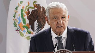 Mexican President Andres Manuel Lopez Obrador speaks during a ceremony in Mexico City's main square the Zocalo, 13 August 2021