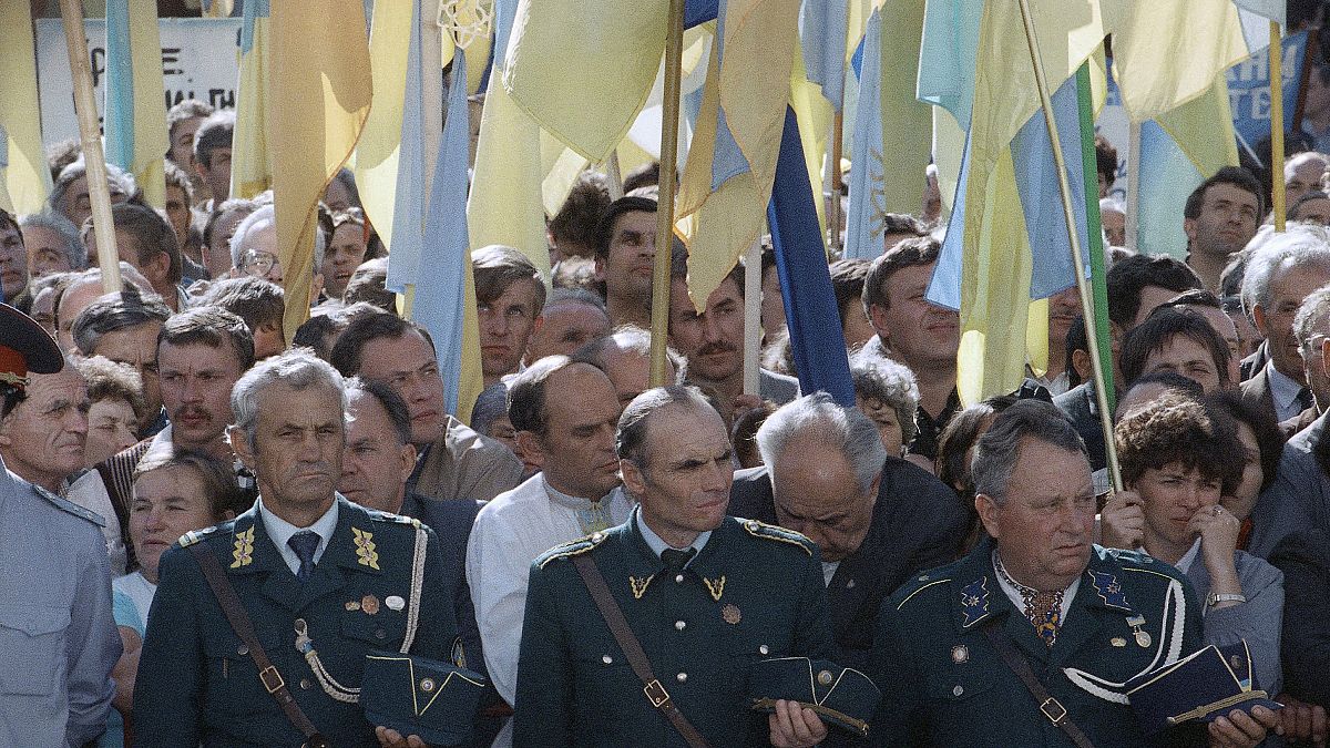 من مظاهرة مؤيدة لاستقلال أوكرانيا عام 1991 في العاصمة كييف 